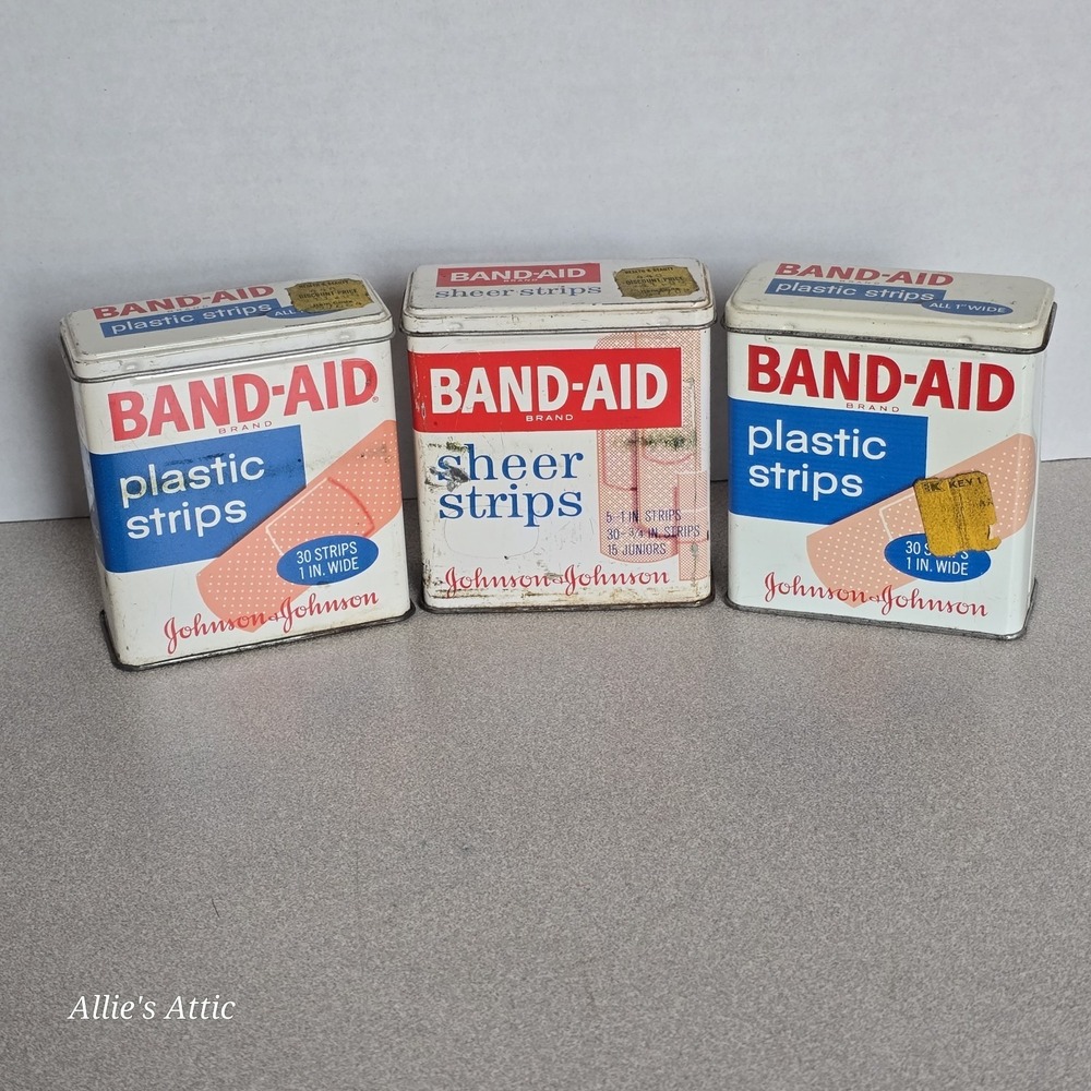 3 Band-Aid Tins Vintage Metal Lid Bathroom Display Cabinet‎ Decor Pharmaceutical